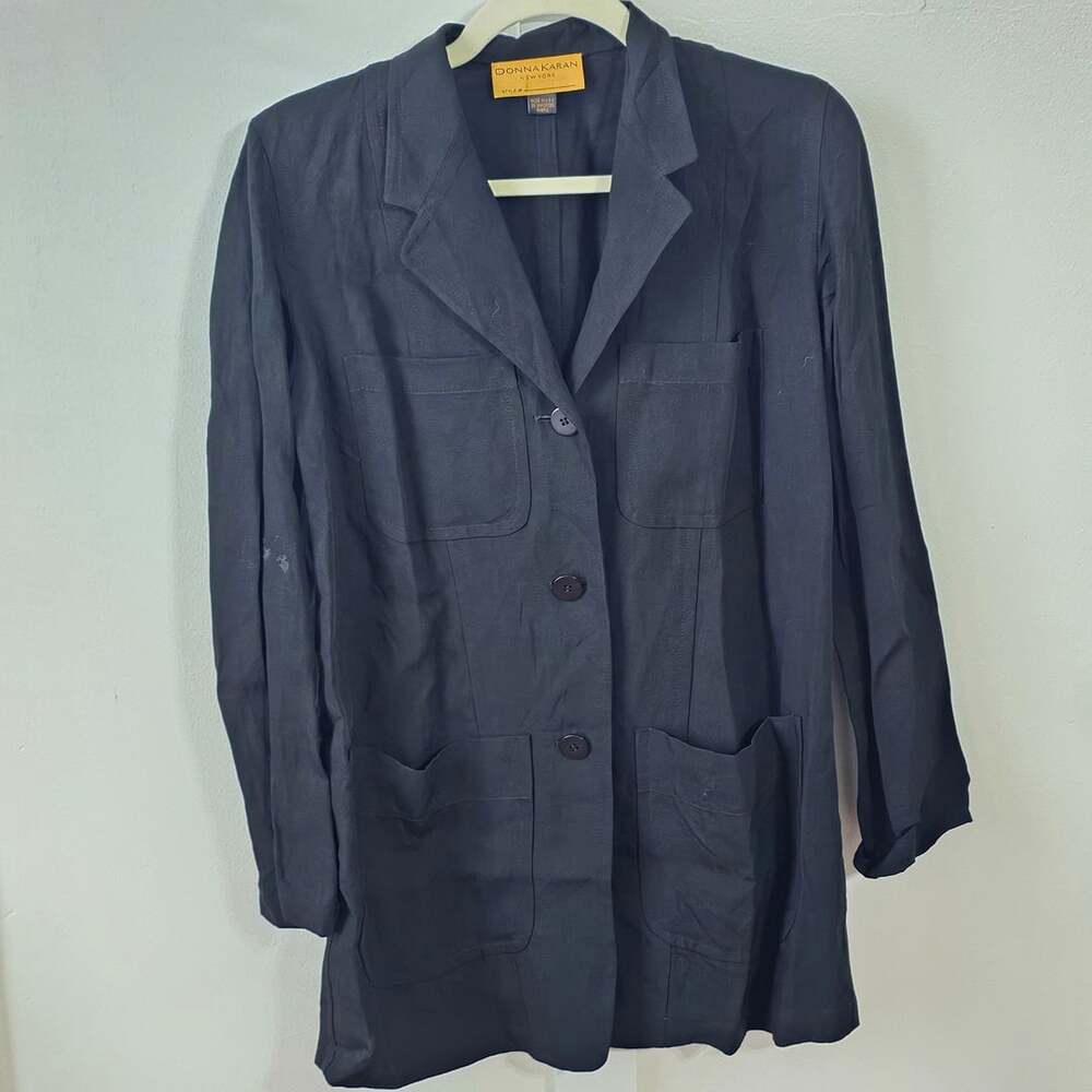 Vintage Donna Karan New York Black Linen-like Blazer Made USA 4 Pocket